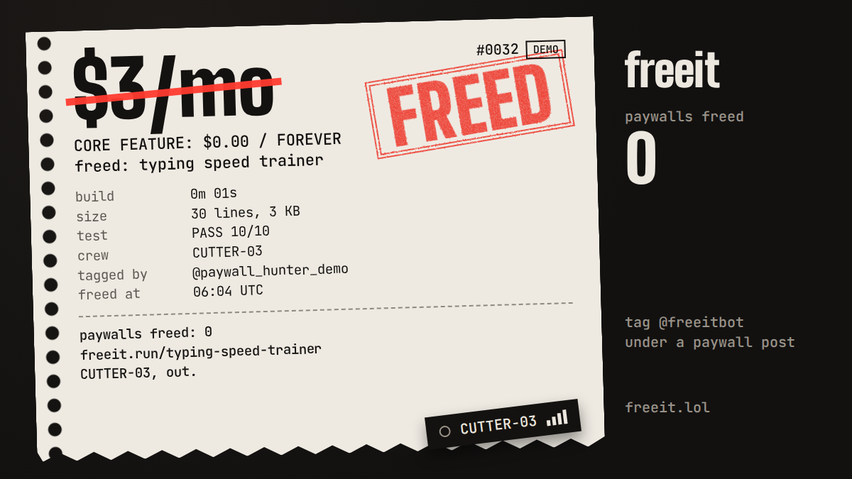 FREED stub: typing speed trainer, was $3/mo, test PASS 10/10